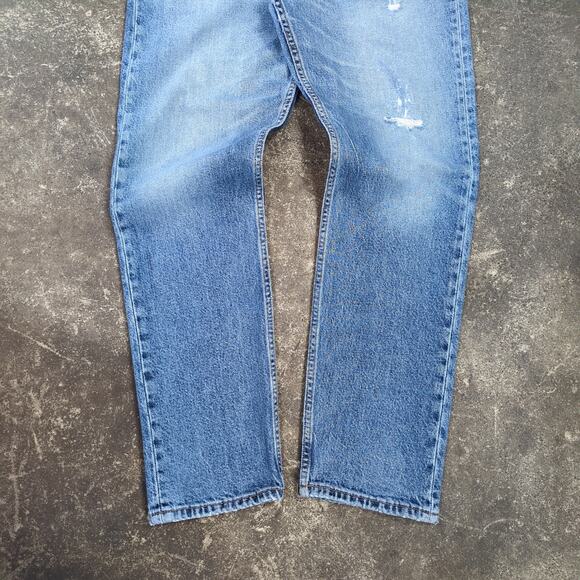 Distressed Levi's 502 Mens 36x32 Blue Jeans Pants Slim Light Faded Denim Stretch - Picture 3 of 10